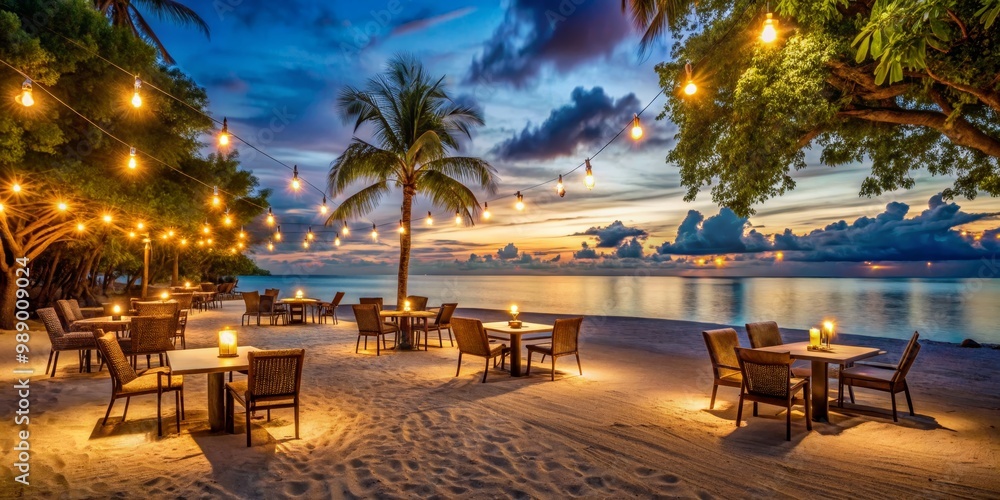 Fototapeta premium Romantic Beachside Dinner at Sunset, Palm Trees, String Lights, Ocean View, Sand, Tropical Paradise, beach , sunset , restaurant , tropical