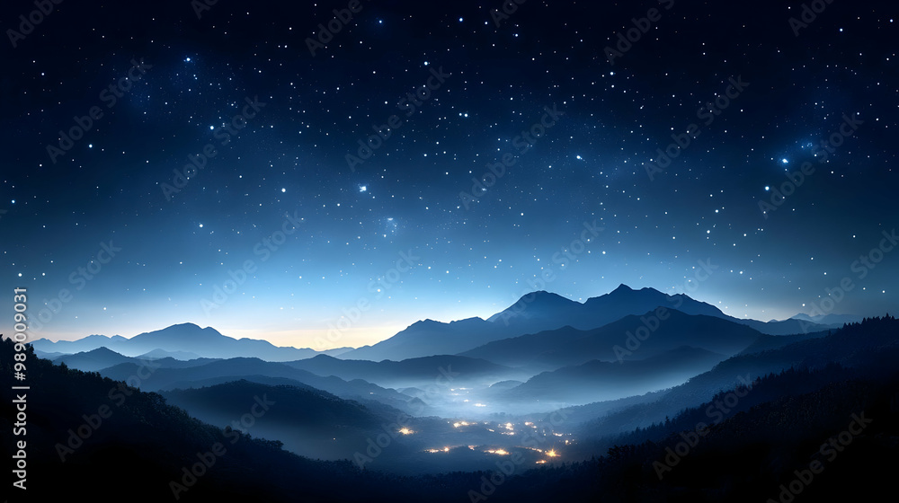 Starry Night Sky Above Mountain Range with City Lights Starry Night Sky Above Mountain Range with City Lights