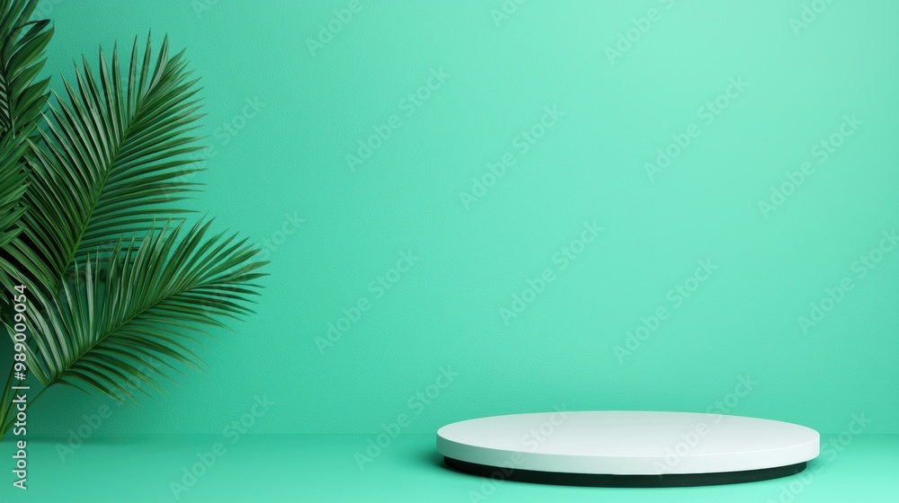 Fototapeta premium Minimalistic display with green wall and palm leaves in modern interior setting.