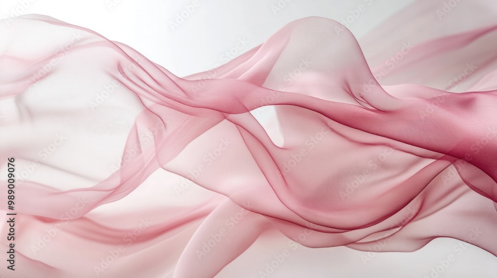 Blowing sheer fabric in soft pink, creating fluid, airy waves against a clean white backdrop. Blowing sheer fabric in soft pink, creating fluid, airy waves against a clean white backdrop.