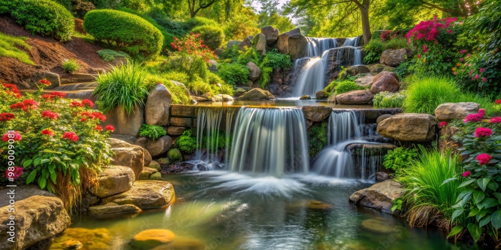 Serene Waterfall in a Lush Garden, Waterfall, Garden, Nature, Landscape Serene Waterfall in a Lush Garden, Waterfall, Garden, Nature, Landscape