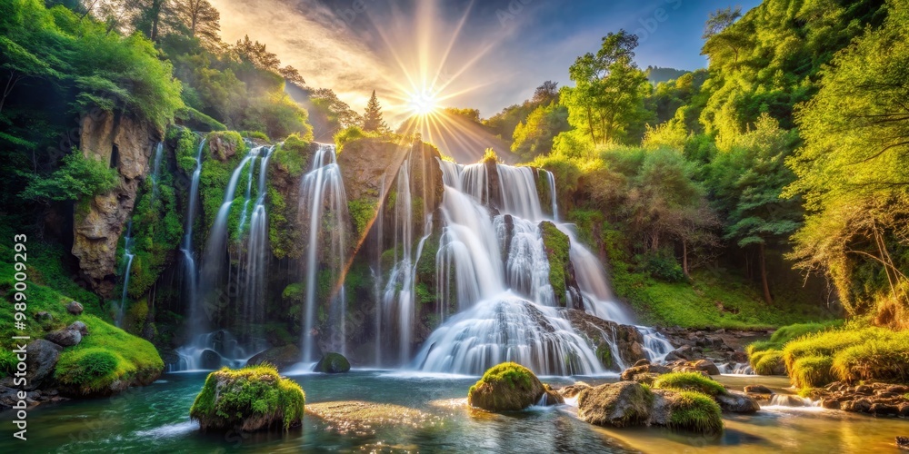 Obraz premium Sunlit Waterfall Cascading Through Lush Forest, waterfalls , nature , landscape , forest , scenery