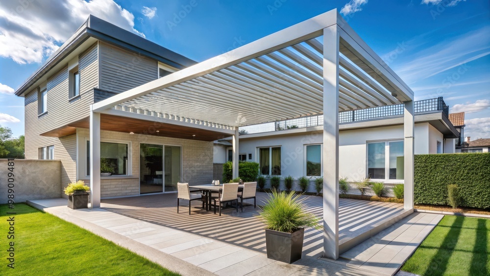 Modern pergola providing shade on a terrace of a newly built residential house Modern pergola providing shade on a terrace of a newly built residential house