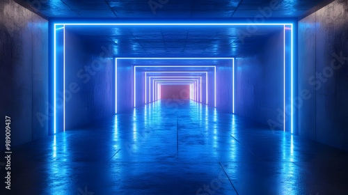 Neon Blue Lights Futuristic Tunnel 3D Illustration