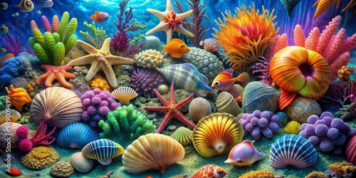 Underwater Paradise A Vibrant Coral Reef Scene with Fish and Shells, digital art, underwater scene, vibrant colors, coral reef, sea life photo