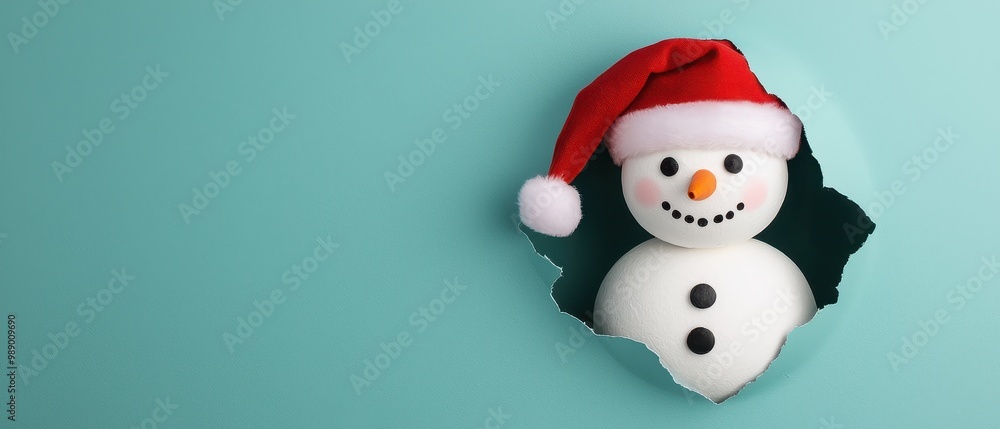 Cheerful Snowman in Santa Hat Peeking Through Wall Cheerful Snowman in Santa Hat Peeking Through Wall