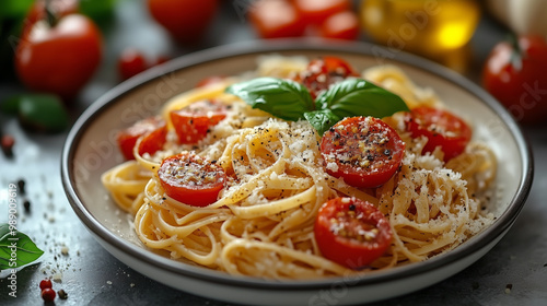 Top-down view of a beautifully arranged plate of gourmet pasta with fresh ingredients like basil, tomatoes, and Parmesan cheese. A clean, white marble background, natural light, high-resolution, vibra