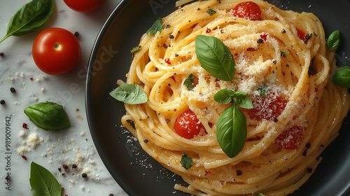 Top-down view of a beautifully arranged plate of gourmet pasta with fresh ingredients like basil, tomatoes, and Parmesan cheese. A clean, white marble background, natural light, high-resolution, vibra