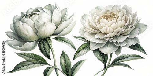 Fototapeta Naklejka Na Ścianę i Meble -  Watercolor Illustration of Two White Peonies with Green Leaves, botanical, flower, floral , nature