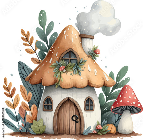 fairy house. watercolor illustration of cartoon forest house 