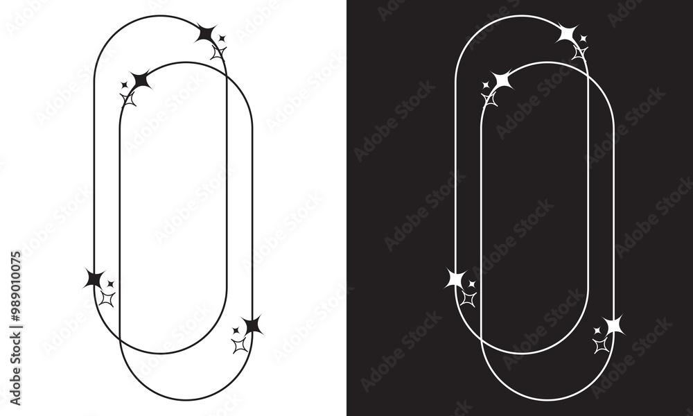 Fototapeta premium Retro stars, starburst icons and minimalist frames with twinkle star. Abstract stars orbit, minimalistic and simple Circle design element with stars. Isolated on white and black background. EPS 10