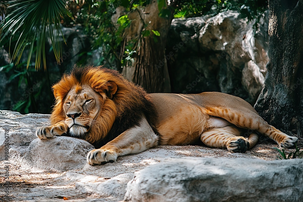 Naklejka premium Majestic lion resting in natural habitat