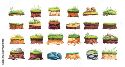 Ground soil layers cartoon vector set. Geology turf clay stones grass loam dirt rocks pebbles earth lands samples desert arid barren surfaces, isolated illustrations on white background