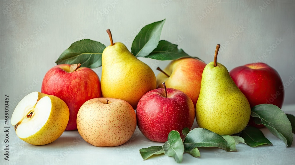 A selection of freshly picked apples and pears arranged on a light background, perfect for text A selection of freshly picked apples and pears arranged on a light background, perfect for text