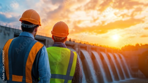 Two engineers observing a dam at sunset with safety helmets and vests. photo