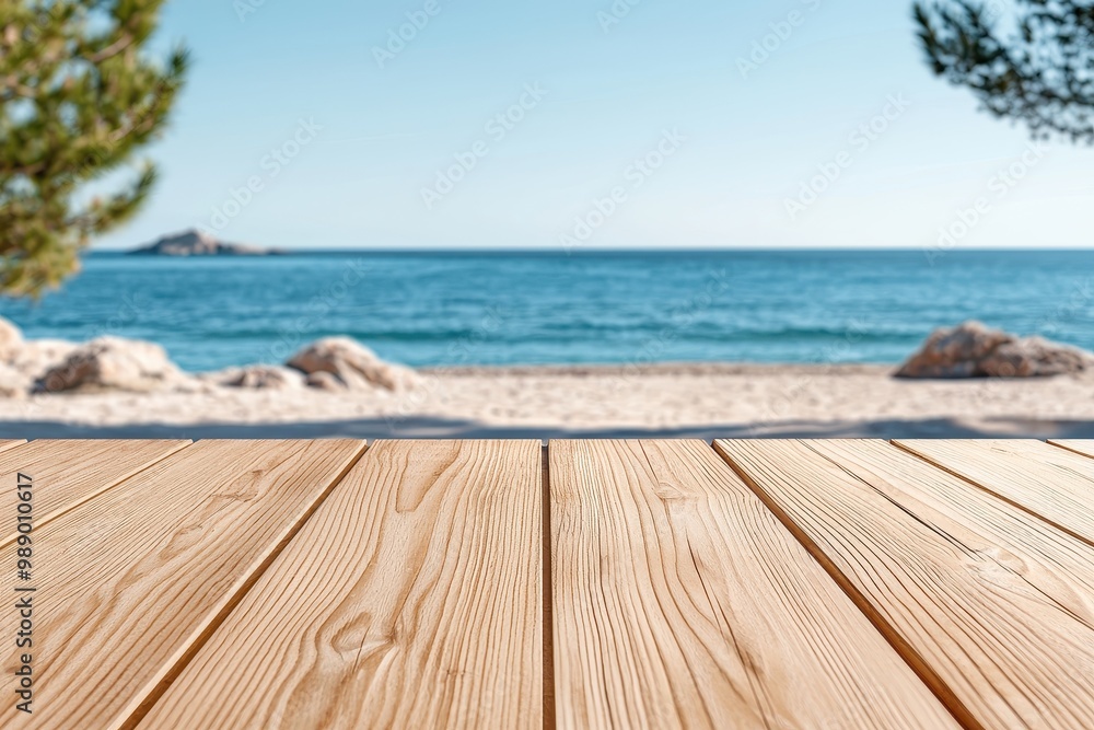 Fototapeta premium Rustic Wooden Tabletop Against Blurred Beach Background