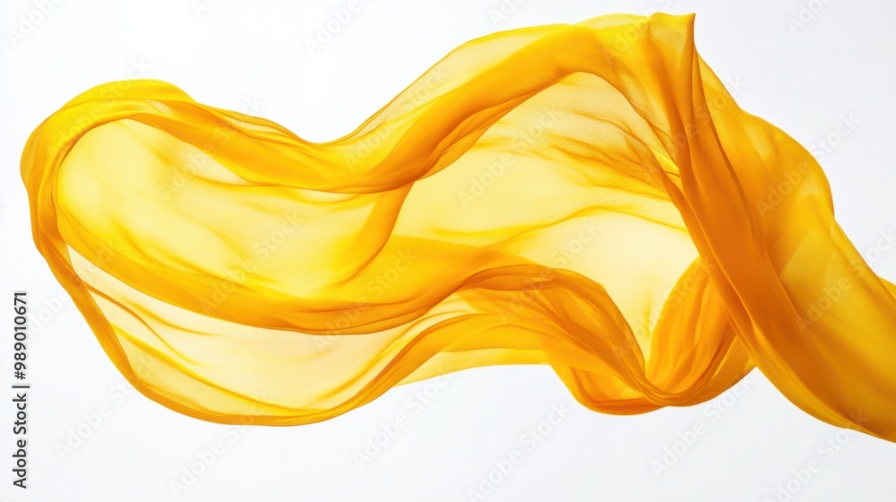 Bright yellow fabric twisting in the air, flowing freely against a pure white backdrop. Bright yellow fabric twisting in the air, flowing freely against a pure white backdrop.