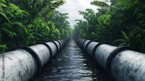 Waterway surrounded by lush greenery, featuring large pipes, tranquil atmosphere. photo