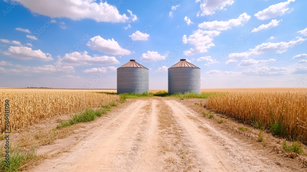 Rural Countryside with Grain Silos and Wheat Field Under Cloudy Sky Rural Countryside with Grain Silos and Wheat Field Under Cloudy Sky