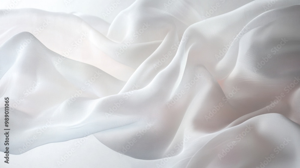 Obraz premium Delicate chiffon fabric blowing in the wind, with translucent layers and light ripples, on white.