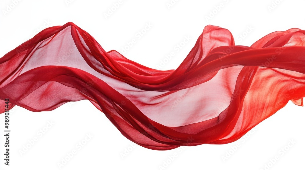 Dynamic red fabric flowing mid-motion, isolated on a white background, with graceful curves. Dynamic red fabric flowing mid-motion, isolated on a white background, with graceful curves.