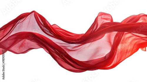 Dynamic red fabric flowing mid-motion, isolated on a white background, with graceful curves.