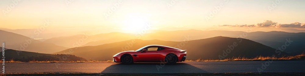 Red sports car at sunset on a mountain road Red sports car at sunset on a mountain road