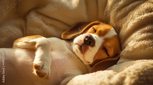 Adorable puppy sleeping peacefully in a cozy blanket, capturing a serene and heartwarming moment of rest and relaxation.