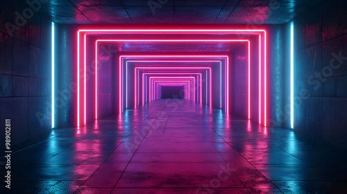 3D Illustration of a Glowing Neon Corridor with a Wet Floor