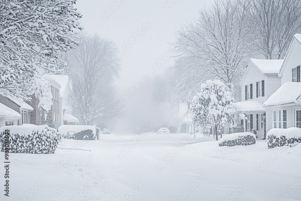 Close-up of a massive snowstorm blanketing a quiet suburban neighborhood, with thick snow covering houses and trees. Close-up of a massive snowstorm blanketing a quiet suburban neighborhood, with thick snow covering houses and trees.