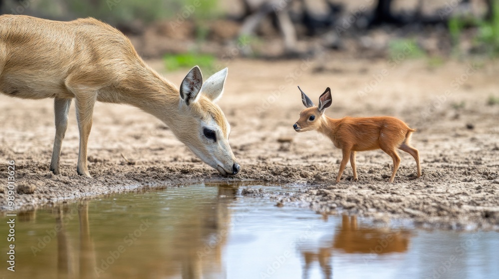 Deer Fawn Drinking Water from Natural Spring in Forest Habitat Deer Fawn Drinking Water from Natural Spring in Forest Habitat