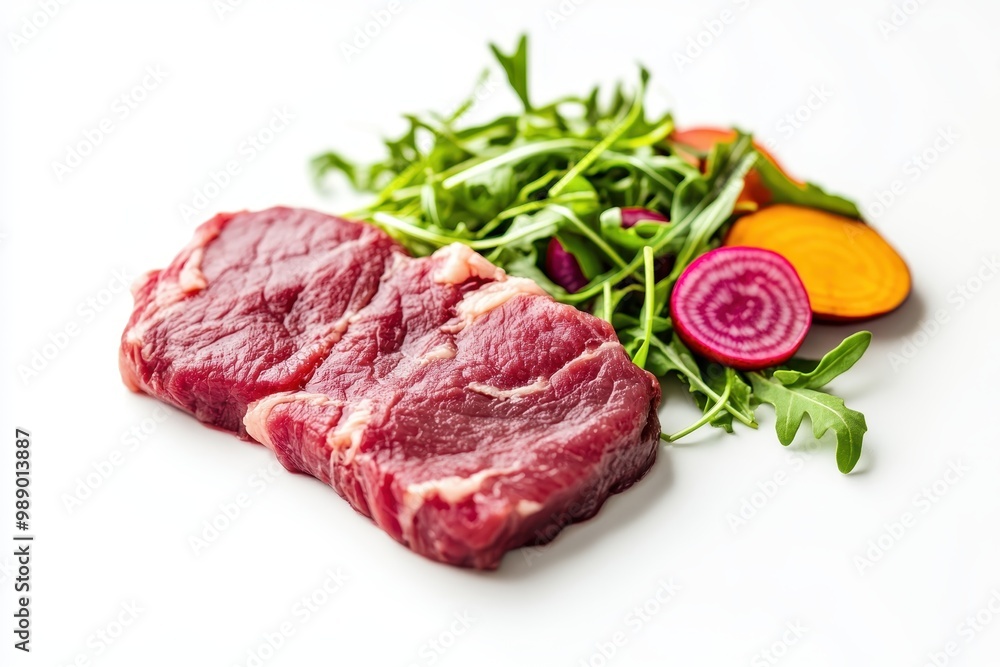 A raw steak accompanied by fresh arugula and colorful sliced vegetables on a white background. A raw steak accompanied by fresh arugula and colorful sliced vegetables on a white background.