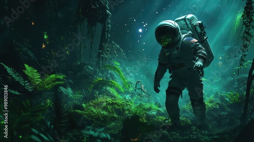 A lone astronaut in an advanced suit exploring a dark alien forest, with glowing plants, strange creatures lurking in the shadows, and distant stars visible through the thick canopy