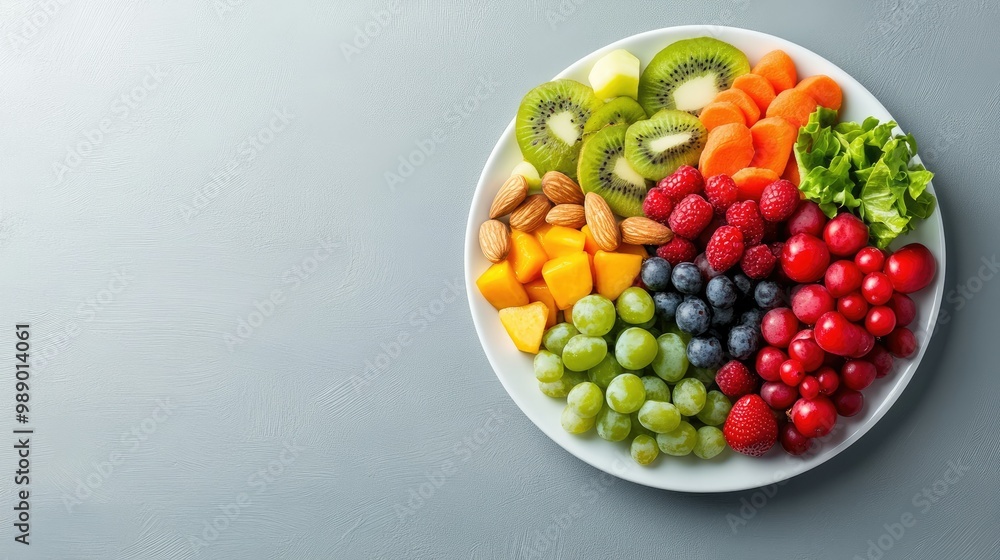 Colorful weight loss plate with fresh fruits, veggies, and nuts. No people, room for text Colorful weight loss plate with fresh fruits, veggies, and nuts. No people, room for text