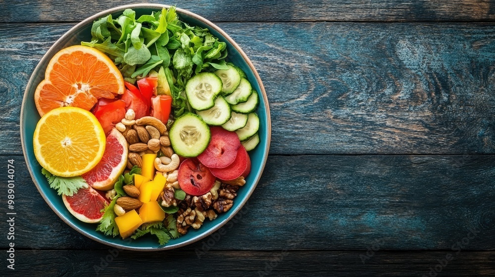 Colorful weight loss plate with fresh fruits, veggies, and nuts. No people, room for text Colorful weight loss plate with fresh fruits, veggies, and nuts. No people, room for text