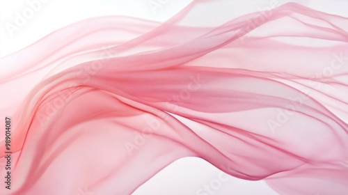 Sheer pink fabric blowing gently, creating soft folds, isolated on a white background.