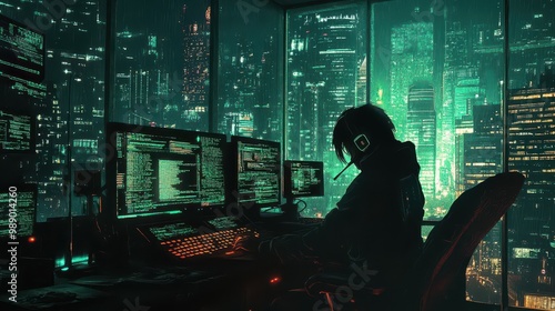 A lone hacker in a dark room filled with glowing screens, typing furiously as they break into a megacorporation's encrypted systems, while a neon-lit city flickers through the window photo