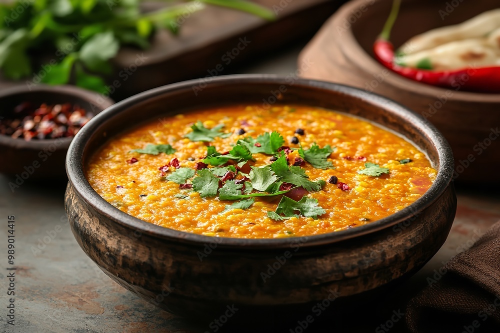 Delectable dal tadka set alone against a white backdrop. Generative Ai Delectable dal tadka set alone against a white backdrop. Generative Ai