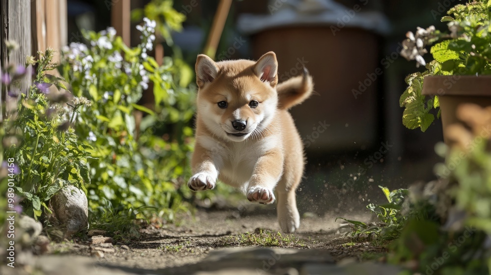 Adorable Shiba Inu puppy joyfully running through a garden path surrounded by flowers and greenery. Adorable Shiba Inu puppy joyfully running through a garden path surrounded by flowers and greenery.