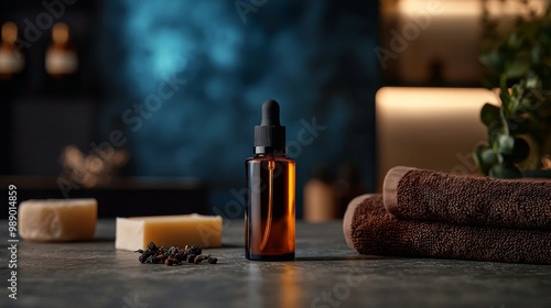 Skincare bottle in minimalist design with eco-friendly background in quiet luxury setting. Luxurious, eco-conscious skincare is presented in a dark, minimalist hotel room setting.