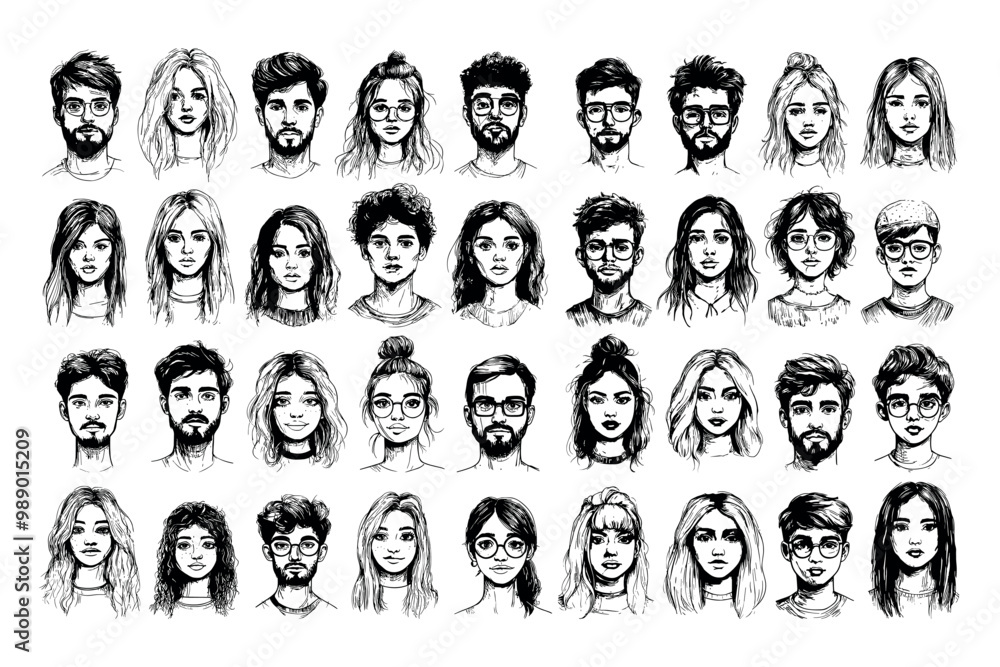 Human faces avatars black Ink sketch vector set. Young man woman glasses different hairstyles outline portraits boys girls hipster person characters, hand drawn monochrome isolated illustrations Human faces avatars black Ink sketch vector set. Young man woman glasses different hairstyles outline portraits boys girls hipster person characters, hand drawn monochrome isolated illustrations