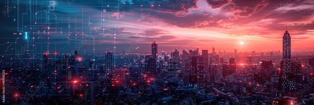 Fototapeta premium A futuristic cityscape at sunset with glowing lights and a dramatic sky.