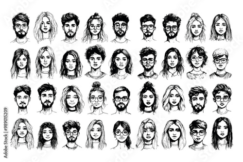 Human faces avatars black Ink sketch vector set. Young man woman glasses different hairstyles outline portraits boys girls hipster person characters, hand drawn monochrome isolated illustrations
