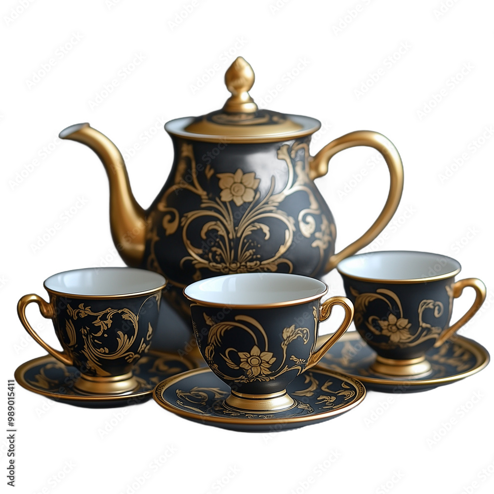 Ornate black and gold ceramic tea set with teapot and teacups on transparent background Ornate black and gold ceramic tea set with teapot and teacups on transparent background