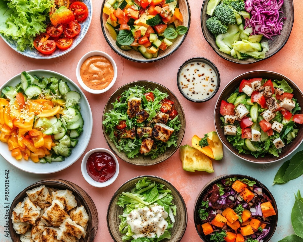 A vibrant array of fresh vegetable salads showcasing a variety of colors and textures, creating an appetizing feast. A vibrant array of fresh vegetable salads showcasing a variety of colors and textures, creating an appetizing feast.
