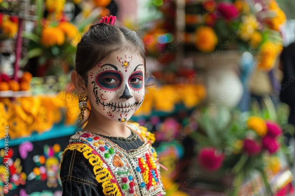Young Girl with Dia de los Muertos Skull Makeup in Front of Decorated Altar - Halloween Stock Photo Young Girl with Dia de los Muertos Skull Makeup in Front of Decorated Altar - Halloween Stock Photo
