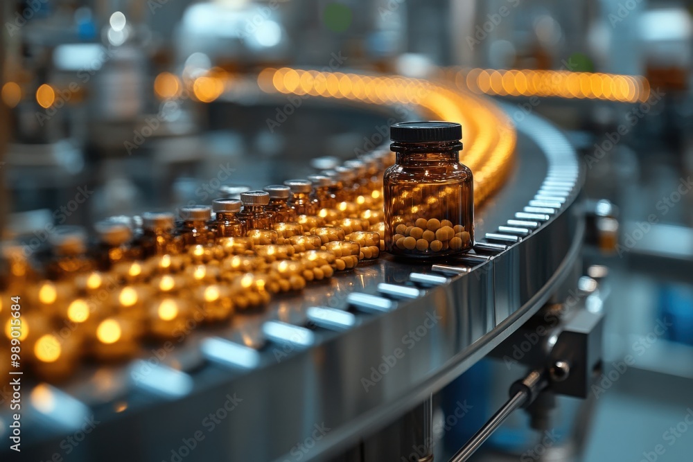 Automated Pill Bottle Filling on a Conveyor Belt Automated Pill Bottle Filling on a Conveyor Belt