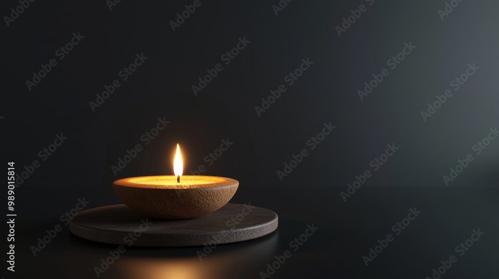 A lit candle signifies Diwali on a simple podium against a dark background. Diwali's festival of lights is reflected in a simple candle on a minimalist podium. A lit candle signifies Diwali on a simple podium against a dark background. Diwali's festival of lights is reflected in a simple candle on a minimalist podium.