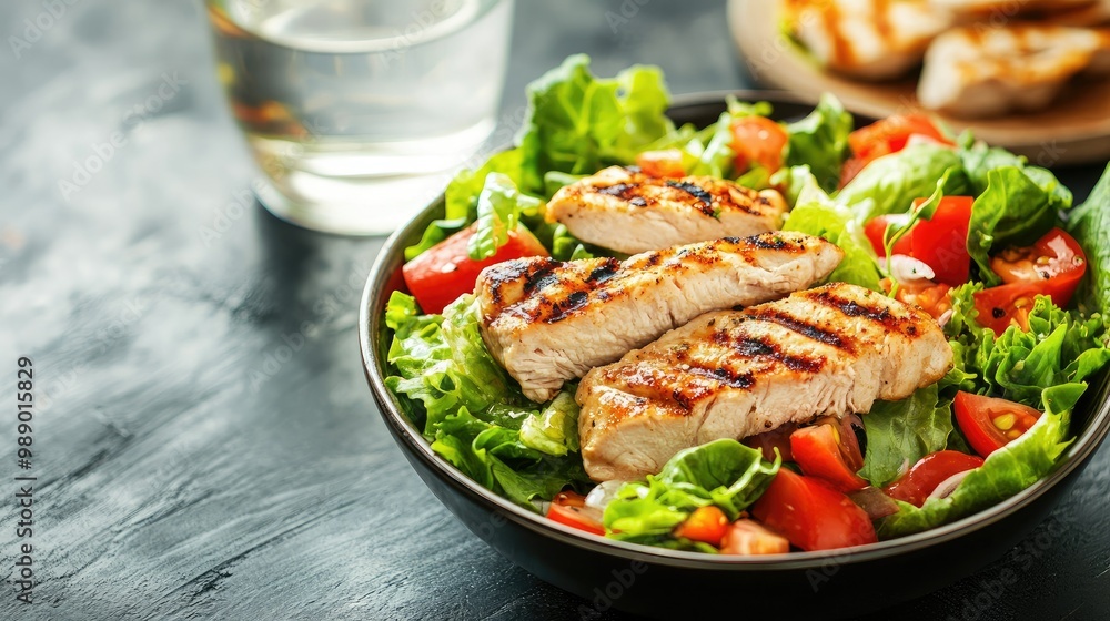 Fresh salad and grilled protein for weight loss, with a glass of water. No people, ample copy space Fresh salad and grilled protein for weight loss, with a glass of water. No people, ample copy space