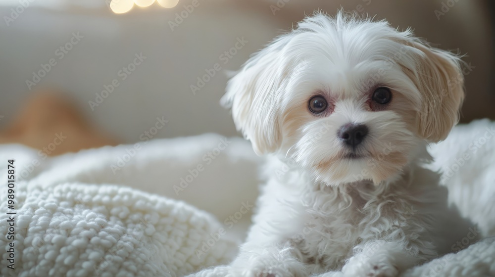 Adorable white Maltese puppy lying on a cozy blanket, looking at the camera with big dark eyes, in a warm and homely setting. Adorable white Maltese puppy lying on a cozy blanket, looking at the camera with big dark eyes, in a warm and homely setting.